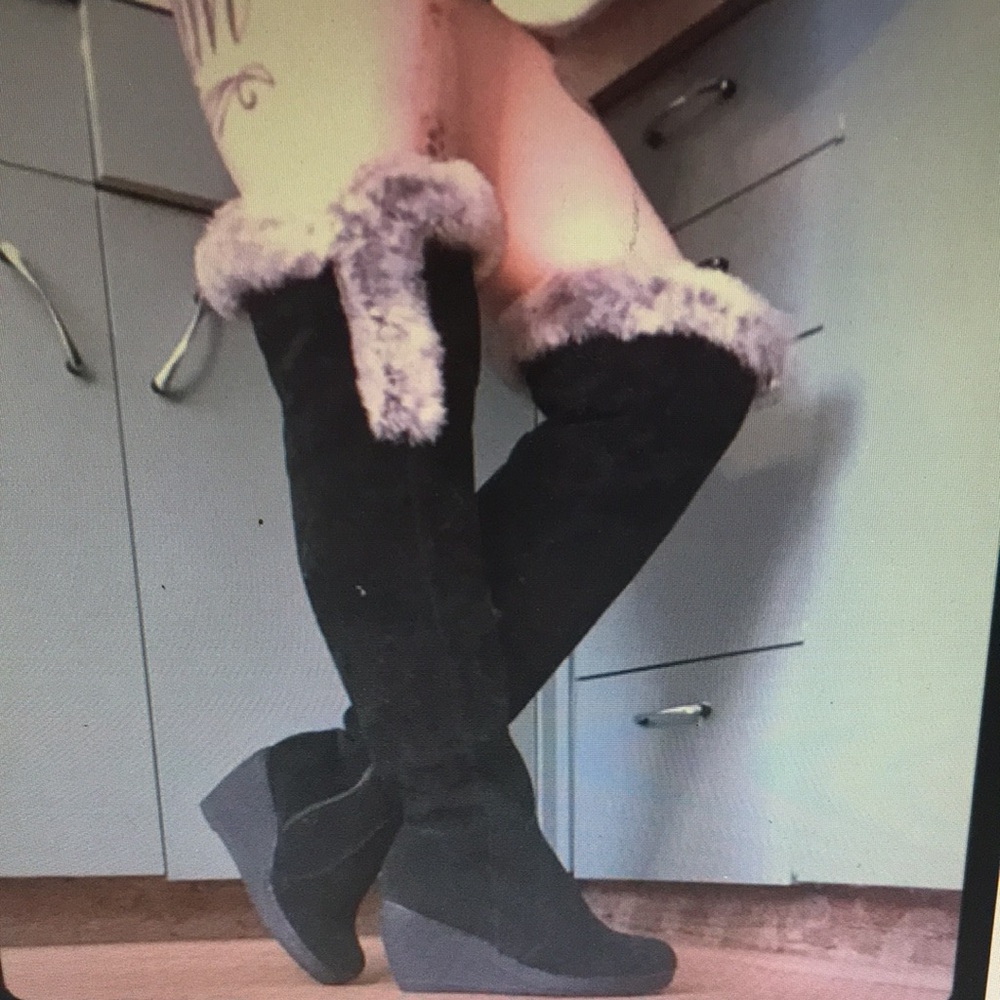Black Suede Knee-High Wedge Boots